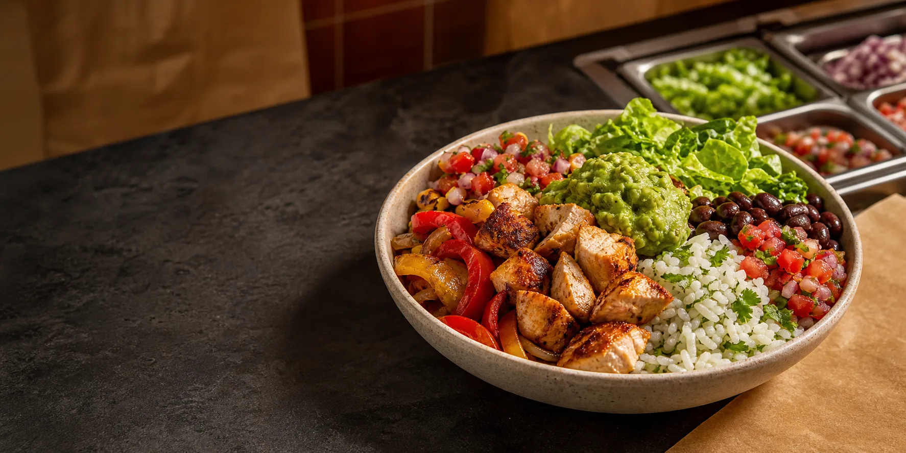 Fresh bowl with grilled chicken, rice, black beans, vegetables, salsa, and guacamole