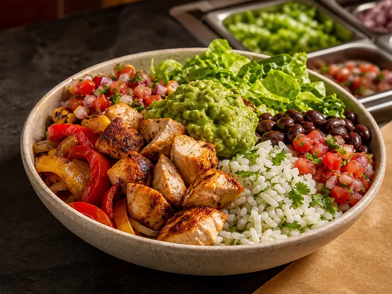 Fresh composed chicken bowl with rice, guacamole, greens, and black beans