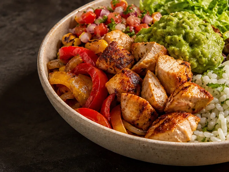 Close view of citrus grilled chicken and fajita vegetables